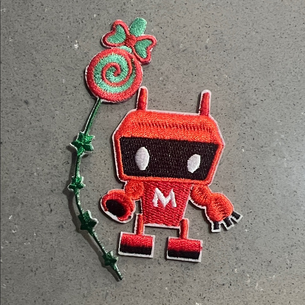 Red Robot Iron On Patch with Green Candy Design